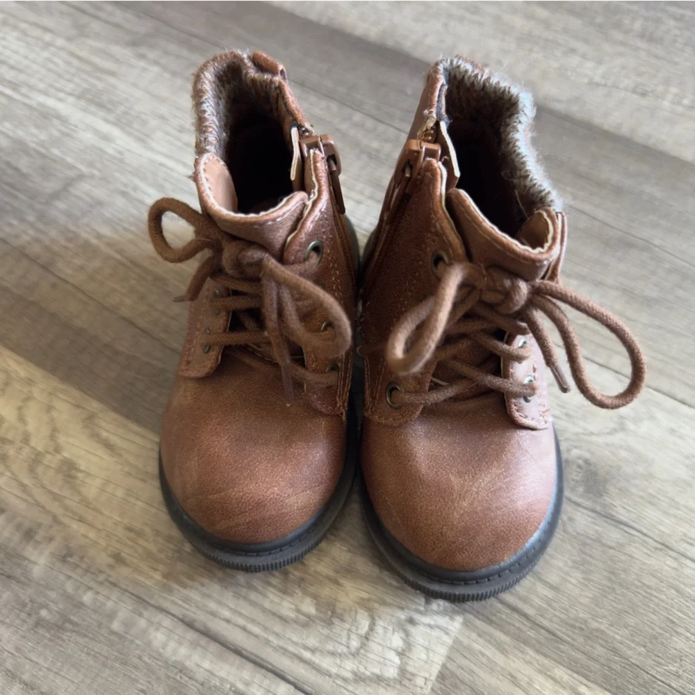 Wonder Nation Brown Boots with Knitted Trim and Lace-Up Design